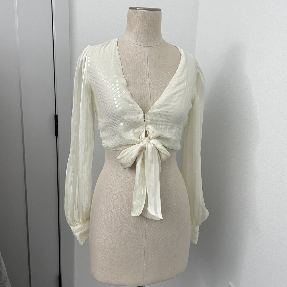 Urban Outfitters Top Women XS Cream‎ Sequin Cropped Tie Front Angelcore Fairy